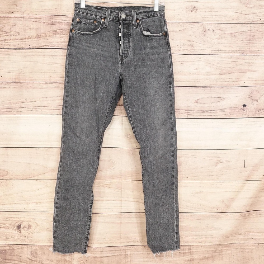 Levi's 501 High-Rise Straight Jeans Womens 27 Charcoal Distressed 27x28.5‎ Denim